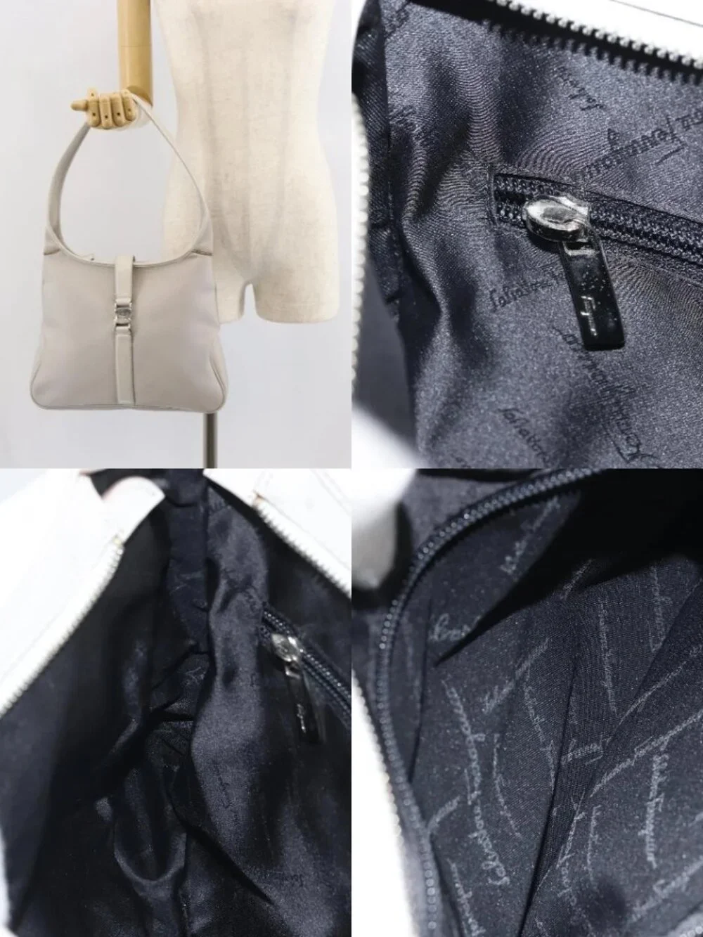 Salvatore Ferragamo Shoulder Bag Nylon Gray Silver Auth bs32334